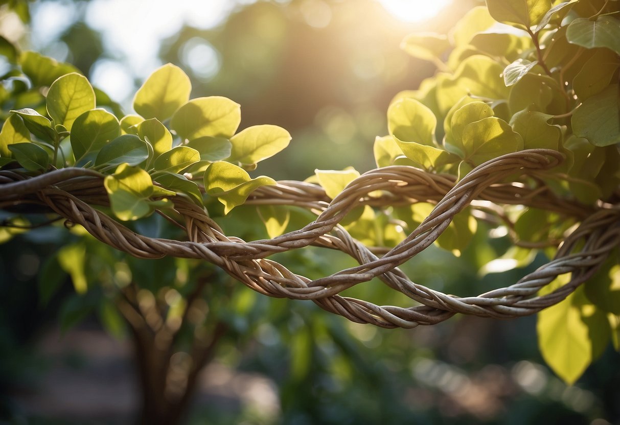 A sunlit garden with two intertwined vines, symbolizing unity and growth