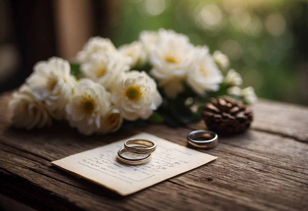 A handwritten note on a rustic wooden table with a vase of flowers and two wedding rings