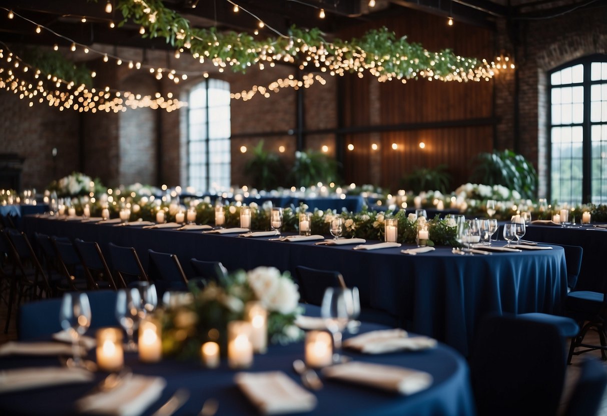 A navy blue wedding reception with elegant table settings, floral centerpieces, and twinkling string lights creating a romantic ambiance