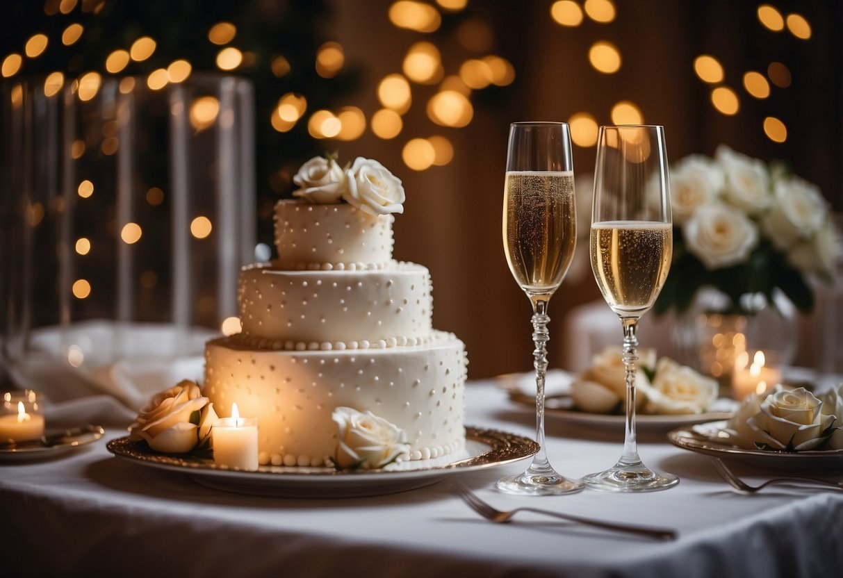 A table set with champagne flutes and a beautiful wedding cake, surrounded by twinkling lights and flowers, as a toast is made to the newlyweds