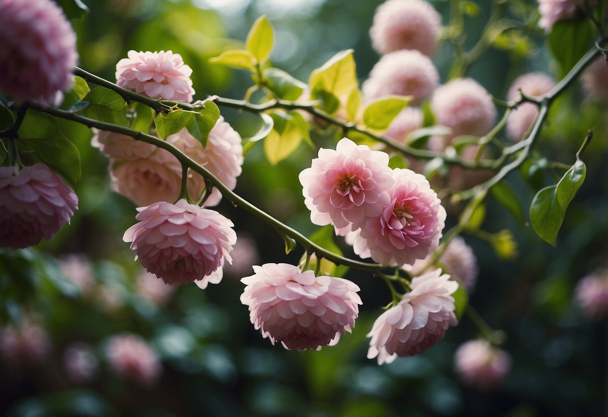 A blooming garden with intertwined vines and vibrant flowers, symbolizing a love that is both enduring and lively