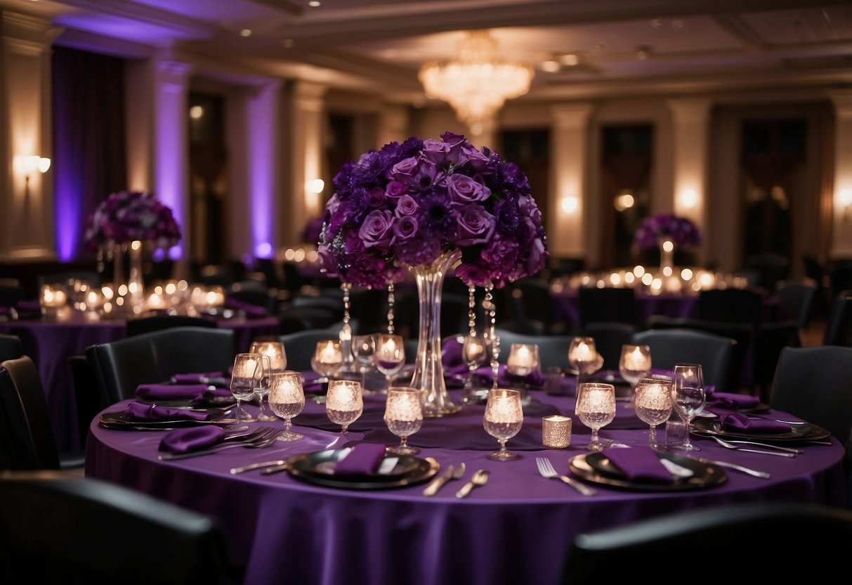 A grand purple and black wedding reception with elegant floral centerpieces and dramatic lighting