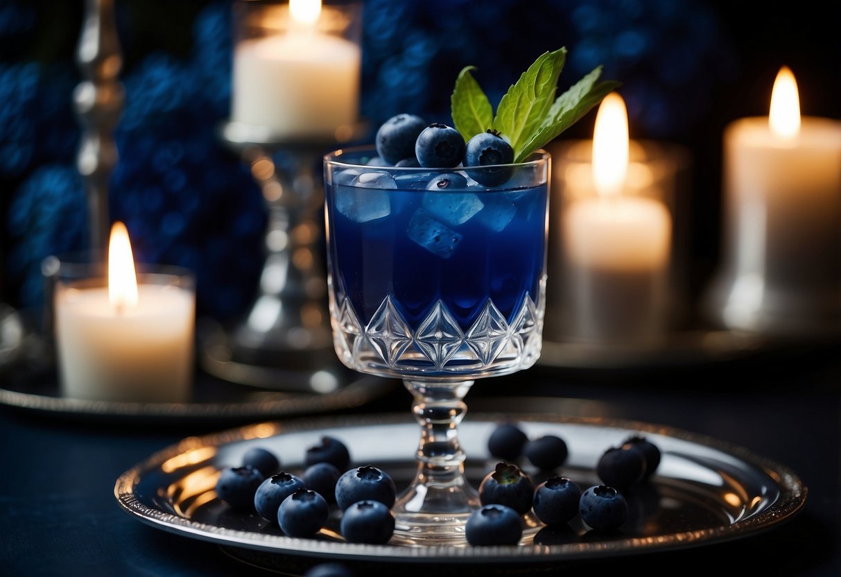 A navy blue cocktail with fresh blueberries, served in a crystal glass on a silver tray, surrounded by blue floral arrangements and candlelight