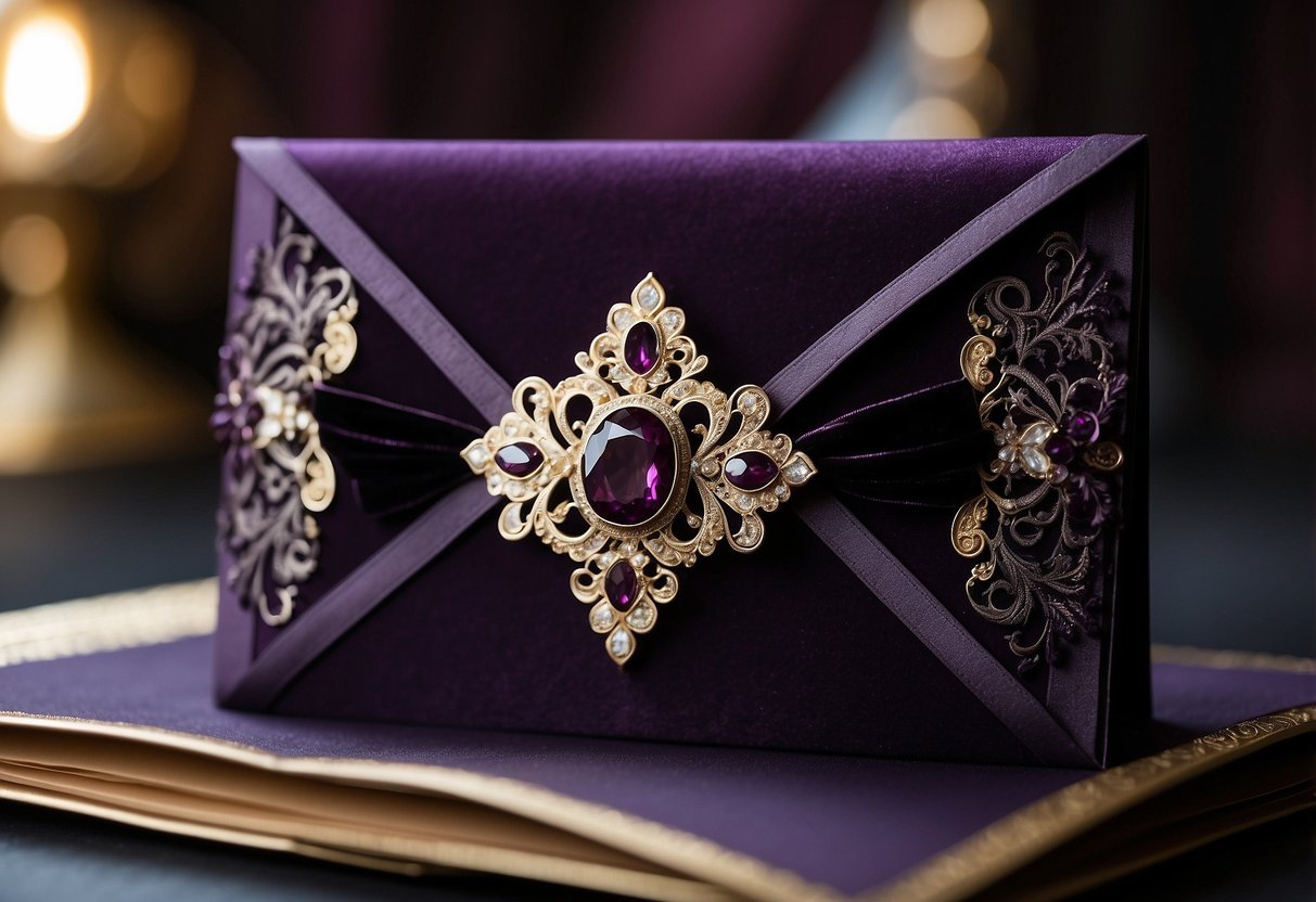 A regal purple and black wedding invitation with elegant velvet details, adorned with intricate designs and luxurious textures