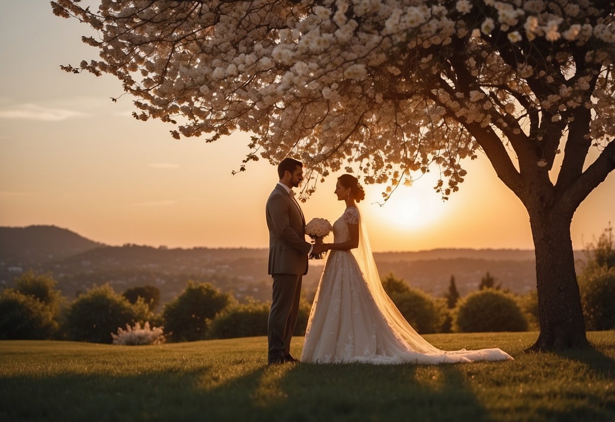 A couple stands under a blooming tree, exchanging vows. The sun sets behind them, casting a warm glow. A gentle breeze carries their heartfelt blessing into the air