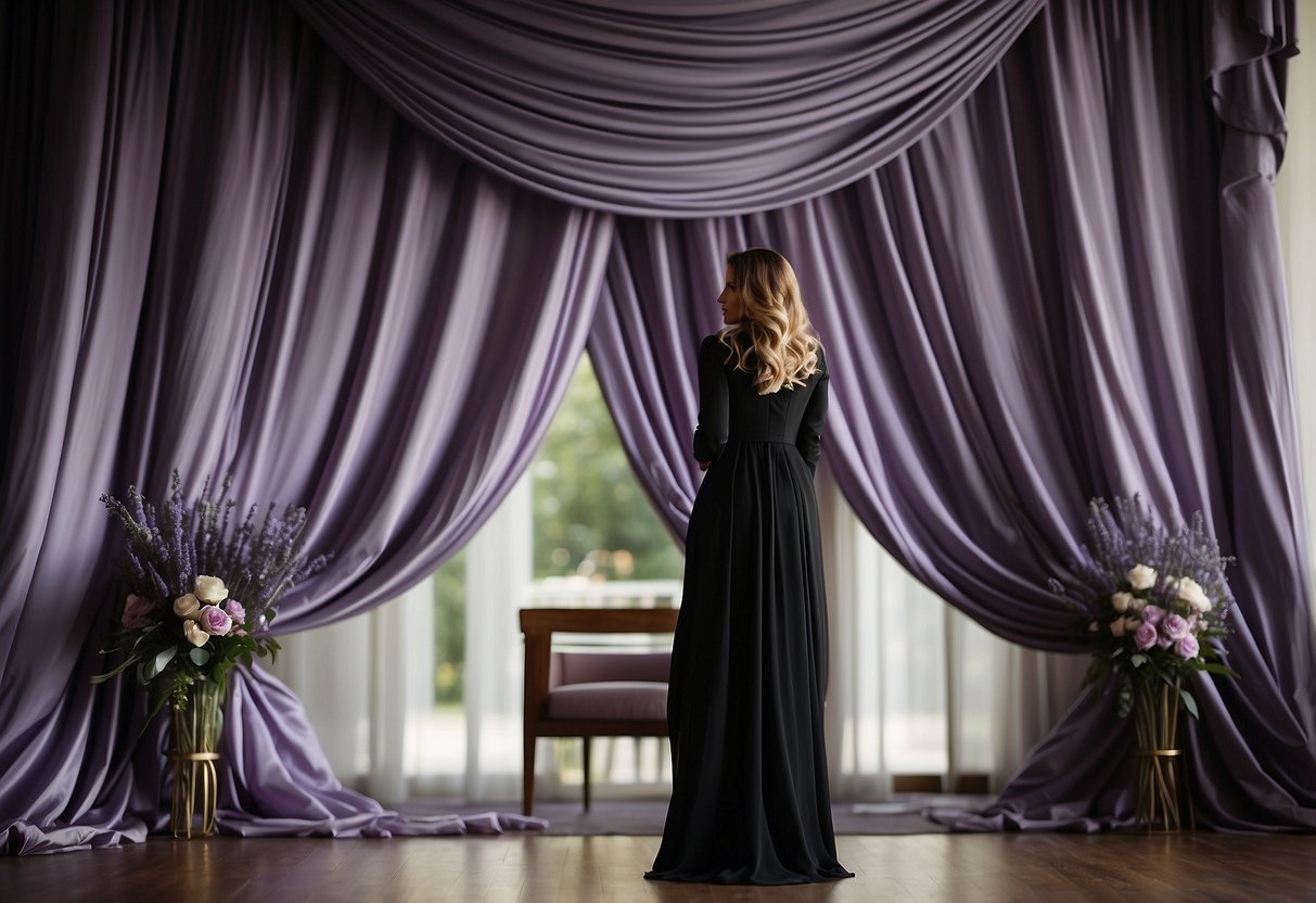 Lavender and ebony drapes billow in the wind, creating a dramatic backdrop for a wedding