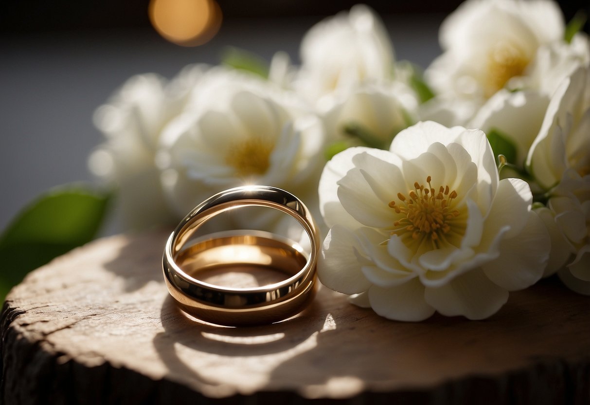 A beam of light shines down on a pair of wedding rings, surrounded by delicate flowers and a sense of tranquility