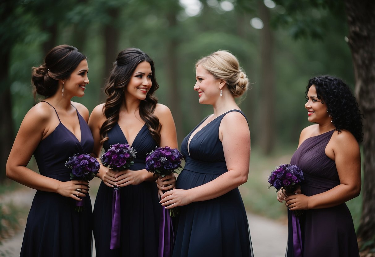 Midnight black bridesmaid dresses stand out against a backdrop of deep purple and black wedding decor