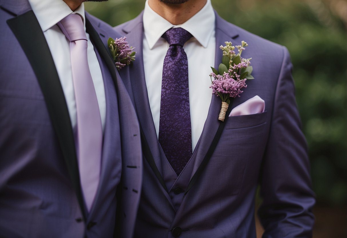 Lilac groomsmen ties arranged with purple and black wedding decor