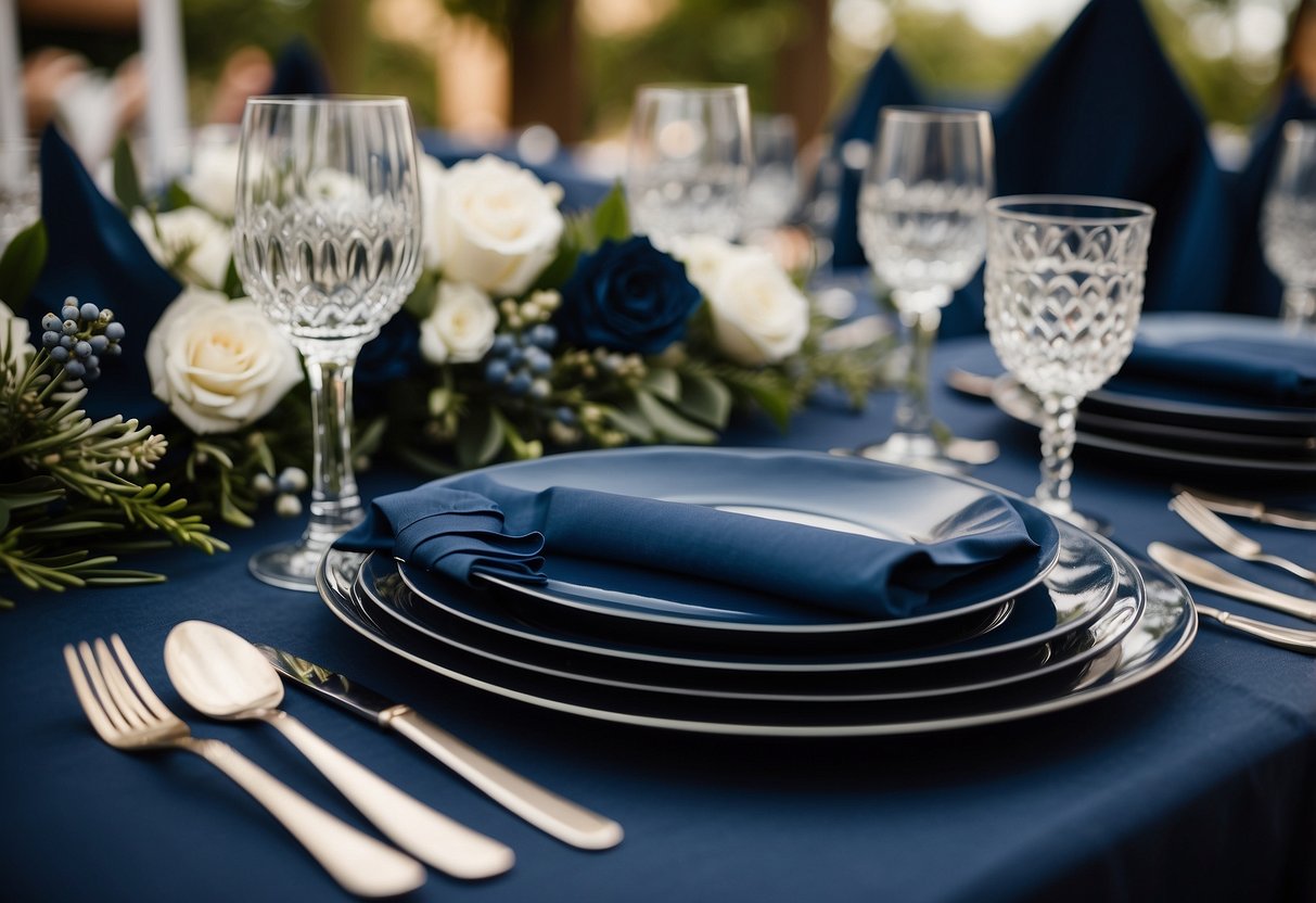 Navy blue charger plates arranged on a table with elegant wedding decor