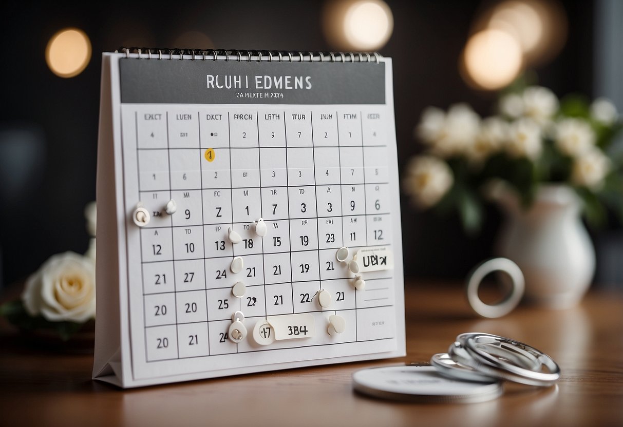 A calendar with two wedding dates circled, surrounded by question marks