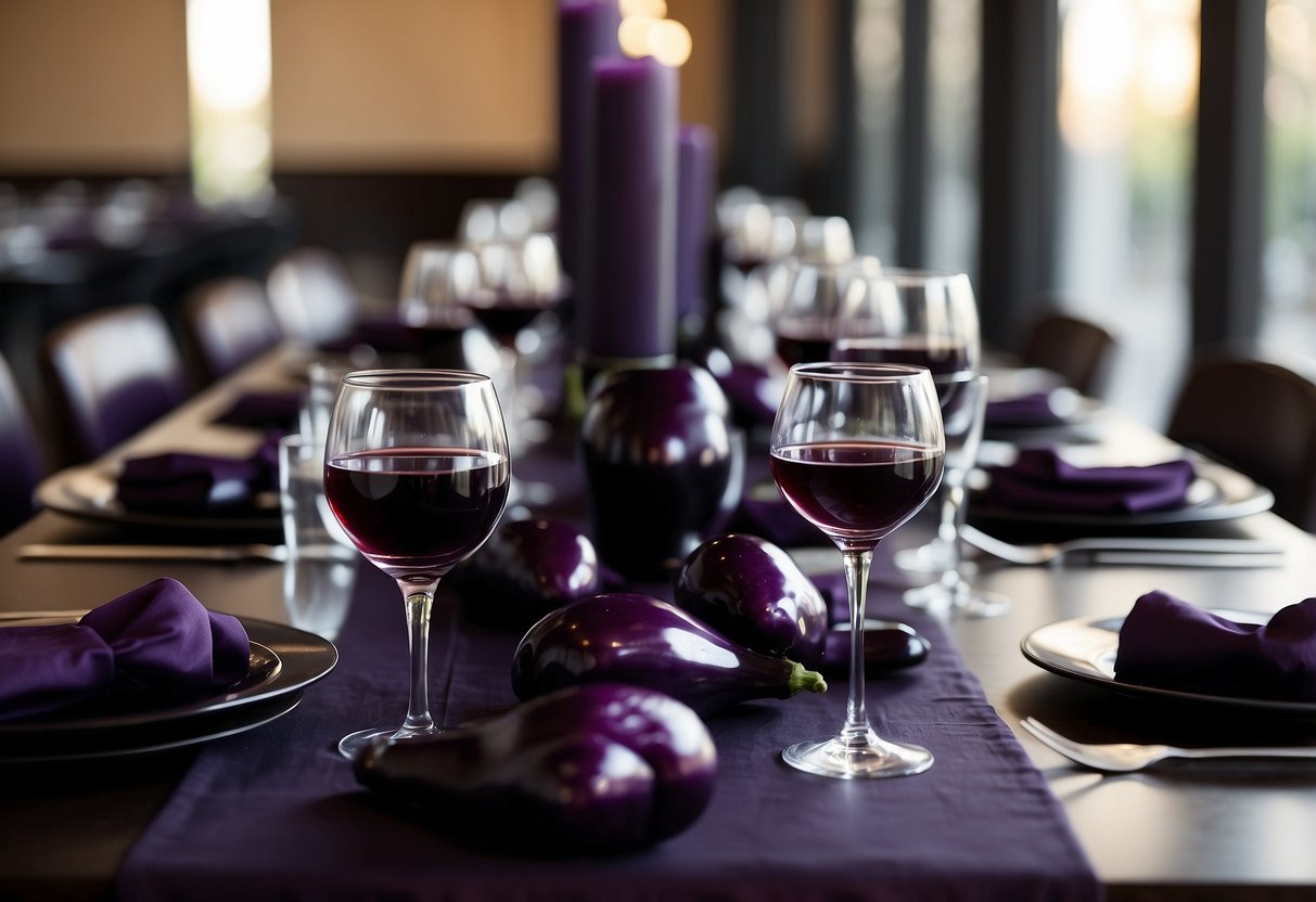 A table set with eggplant and onyx runners, adorned with purple and black wedding decor