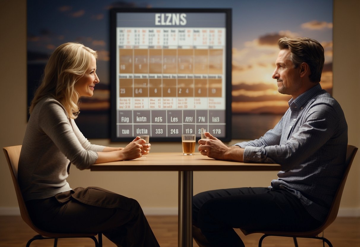 A couple sits at a table, discussing their past and future. A calendar on the wall shows dates crossing off, indicating the passage of time