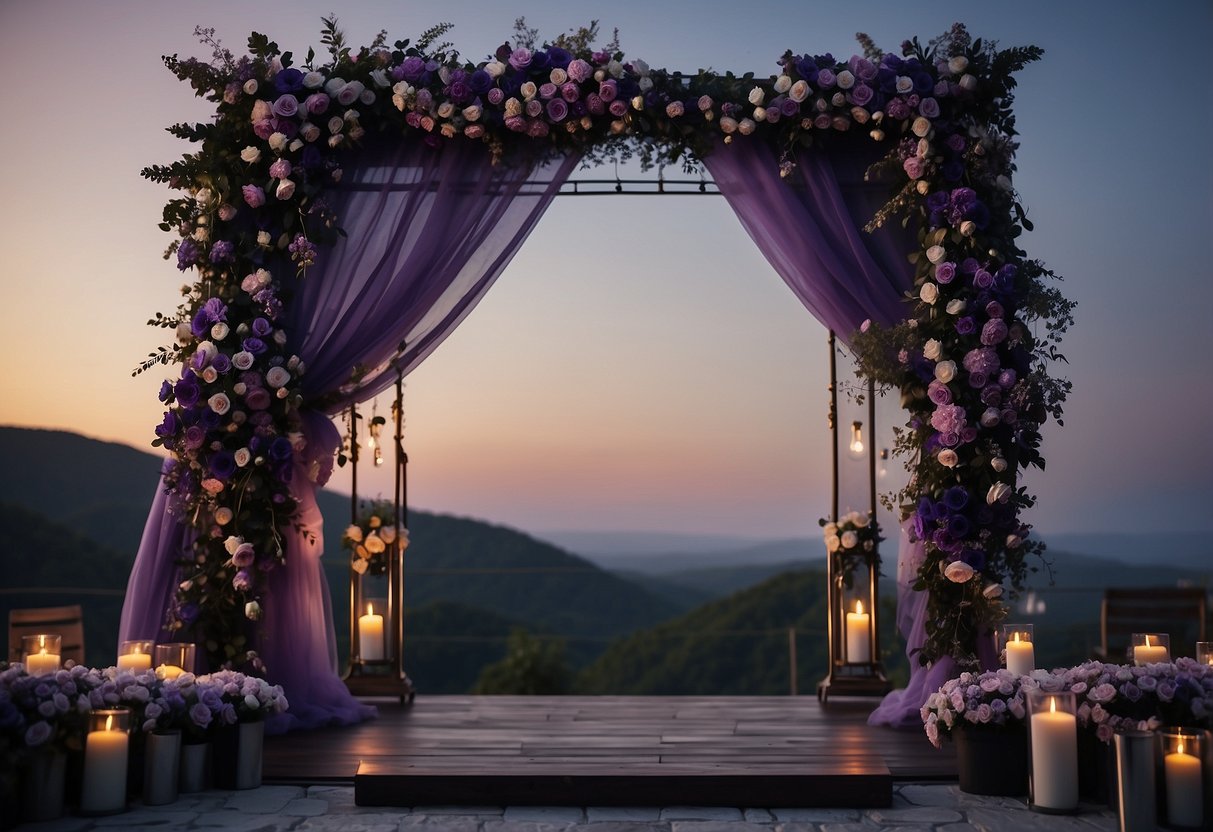 A violet and charcoal wedding arch stands adorned with purple and black decor, surrounded by a romantic atmosphere