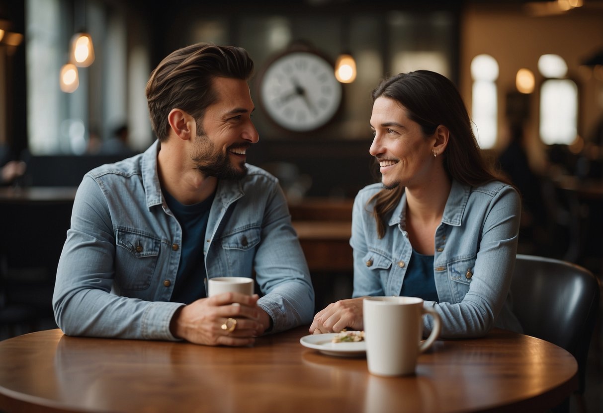 A couple sits at a table, discussing their relationship timeline. A calendar and clock are visible, emphasizing the importance of setting boundaries and managing expectations for their second marriage