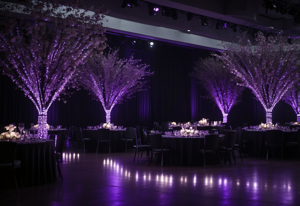 Purple LED lights illuminate a black wedding setting, creating a moody and elegant atmosphere