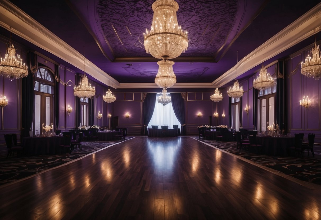 A grand ballroom adorned with deep purple and black decor, elegant chandeliers casting a romantic glow over the space