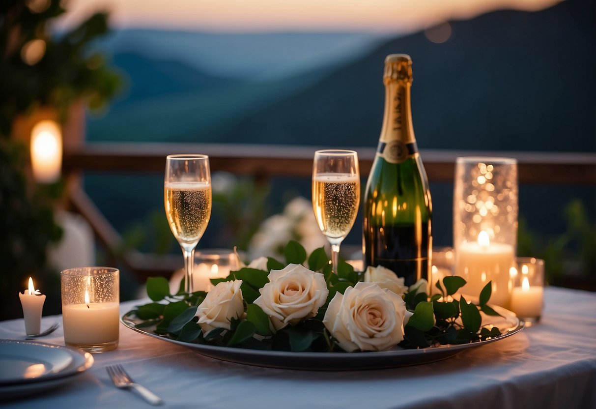 A romantic dinner setting with candles, flowers, and a beautifully set table. A bottle of champagne chilling in an ice bucket, with a stunning view in the background