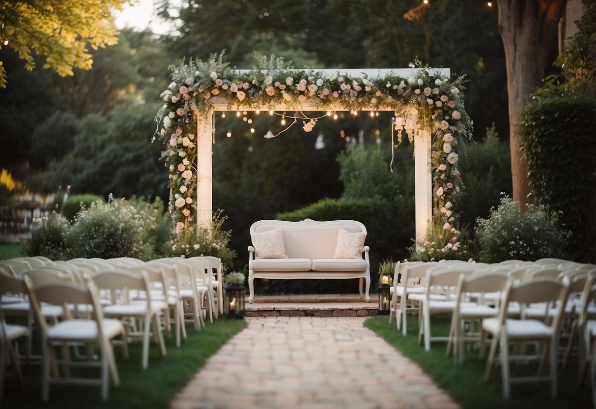 A garden ceremony with twinkle lights, a floral arch, and a vintage-inspired seating area for guests