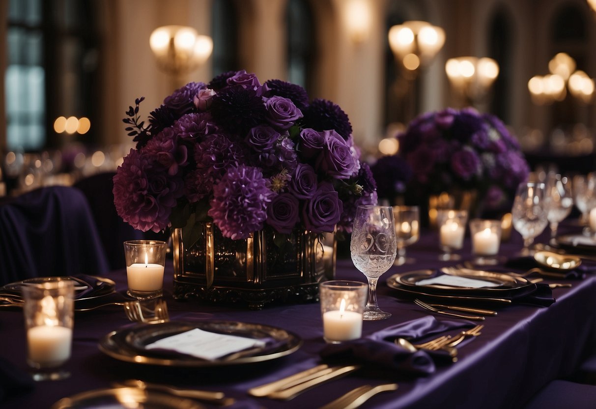 A regal purple and black wedding theme with elegant floral arrangements, sleek table settings, and dramatic lighting