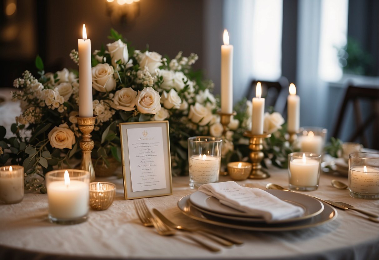 A bride and groom's personalized wedding vows displayed on a beautifully decorated table with flowers and candles, creating a romantic and intimate setting