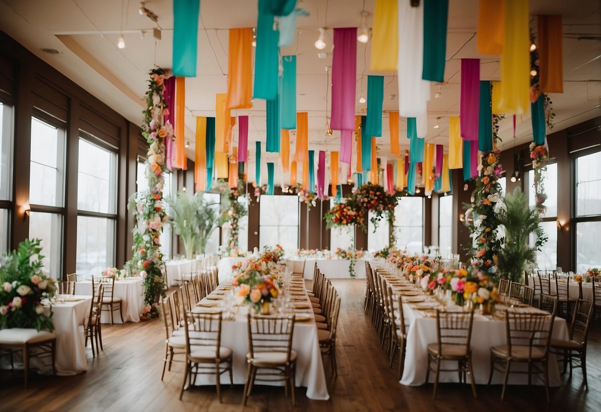 Colorful streamers hang from the ceiling, framing a table adorned with floral centerpieces and elegant place settings. A banner with the couple's names is displayed as guests mingle and enjoy the festive atmosphere