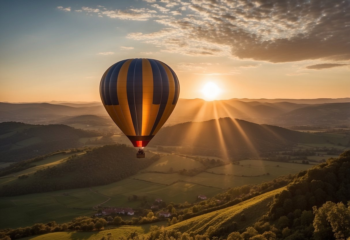 A hot air balloon floats gracefully in the sky, with a picturesque landscape below. The sun is setting, casting a warm glow over the scene