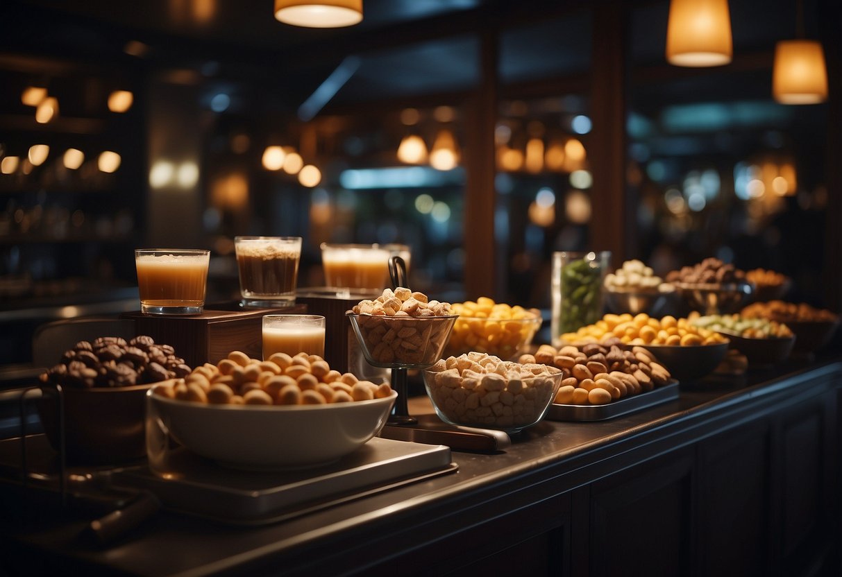 A dimly lit snack bar with a variety of late-night treats and drinks, decorated with elegant wedding-themed accents