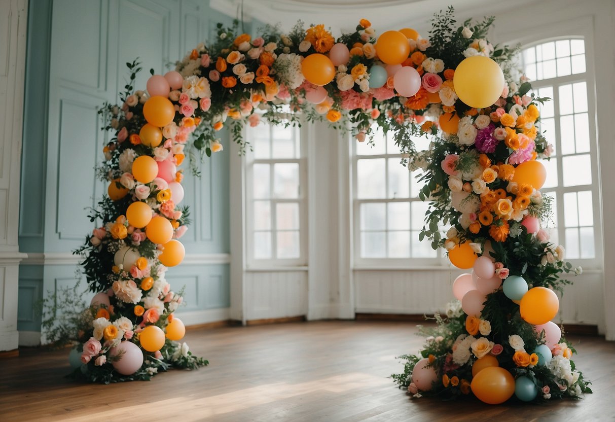 A colorful balloon arch frames a wedding shower, adorned with vibrant flowers and greenery