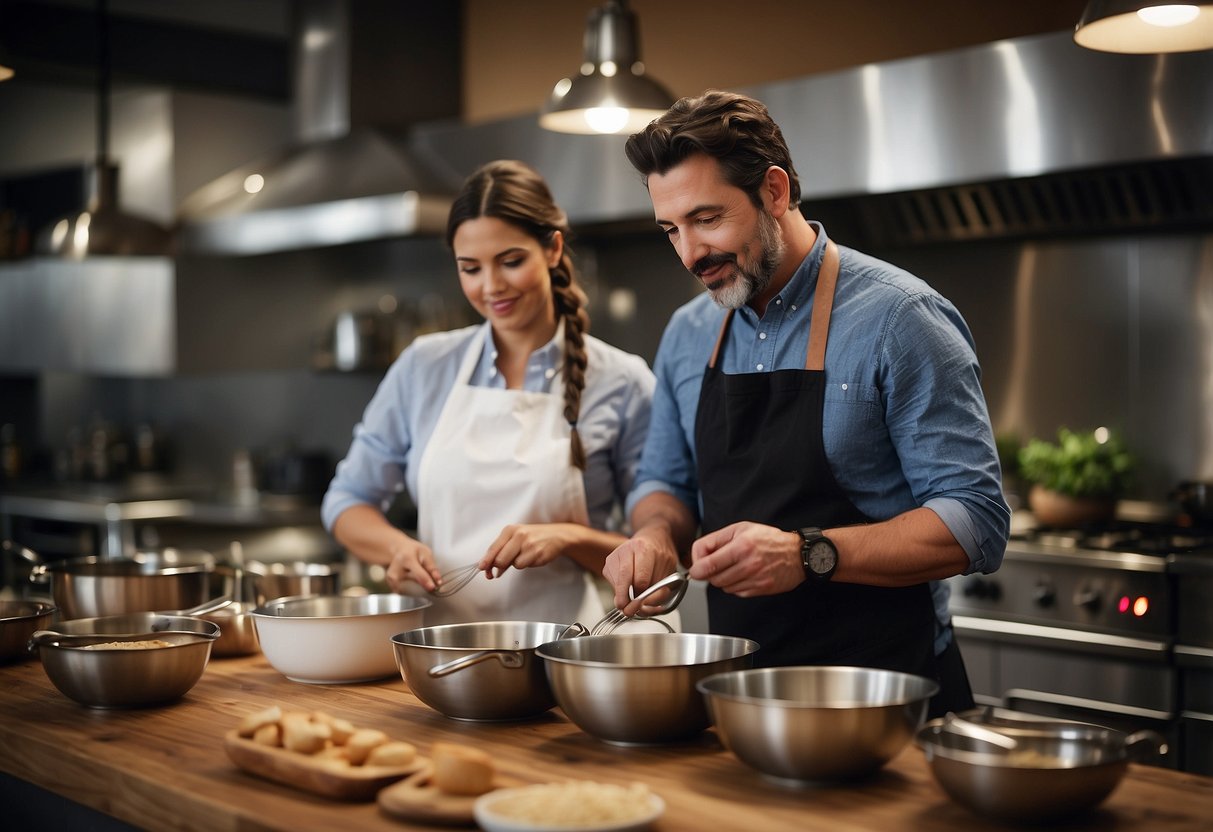 A couple stands side by side, each holding a mixing bowl and whisk as they follow the instructions of the chef in a bustling cooking class