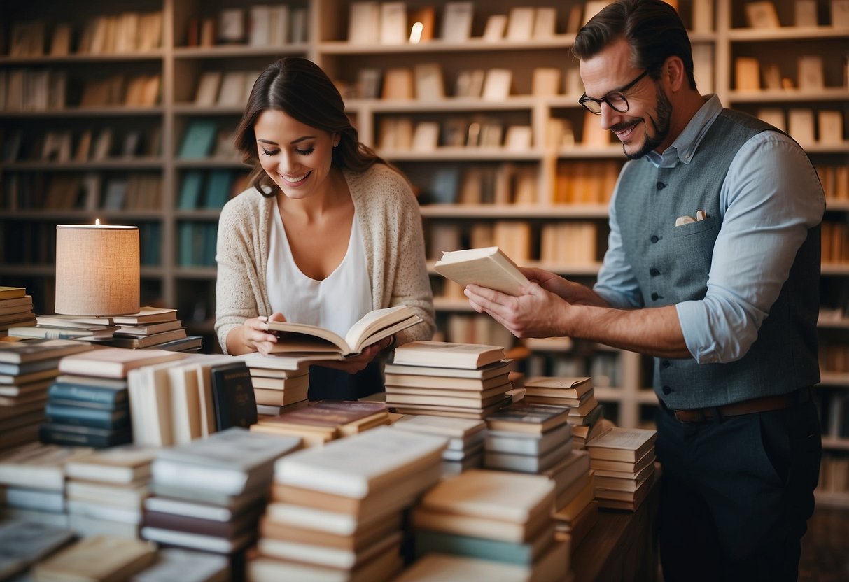 A couple browsing through wedding theme books, surrounded by color swatches and decor samples