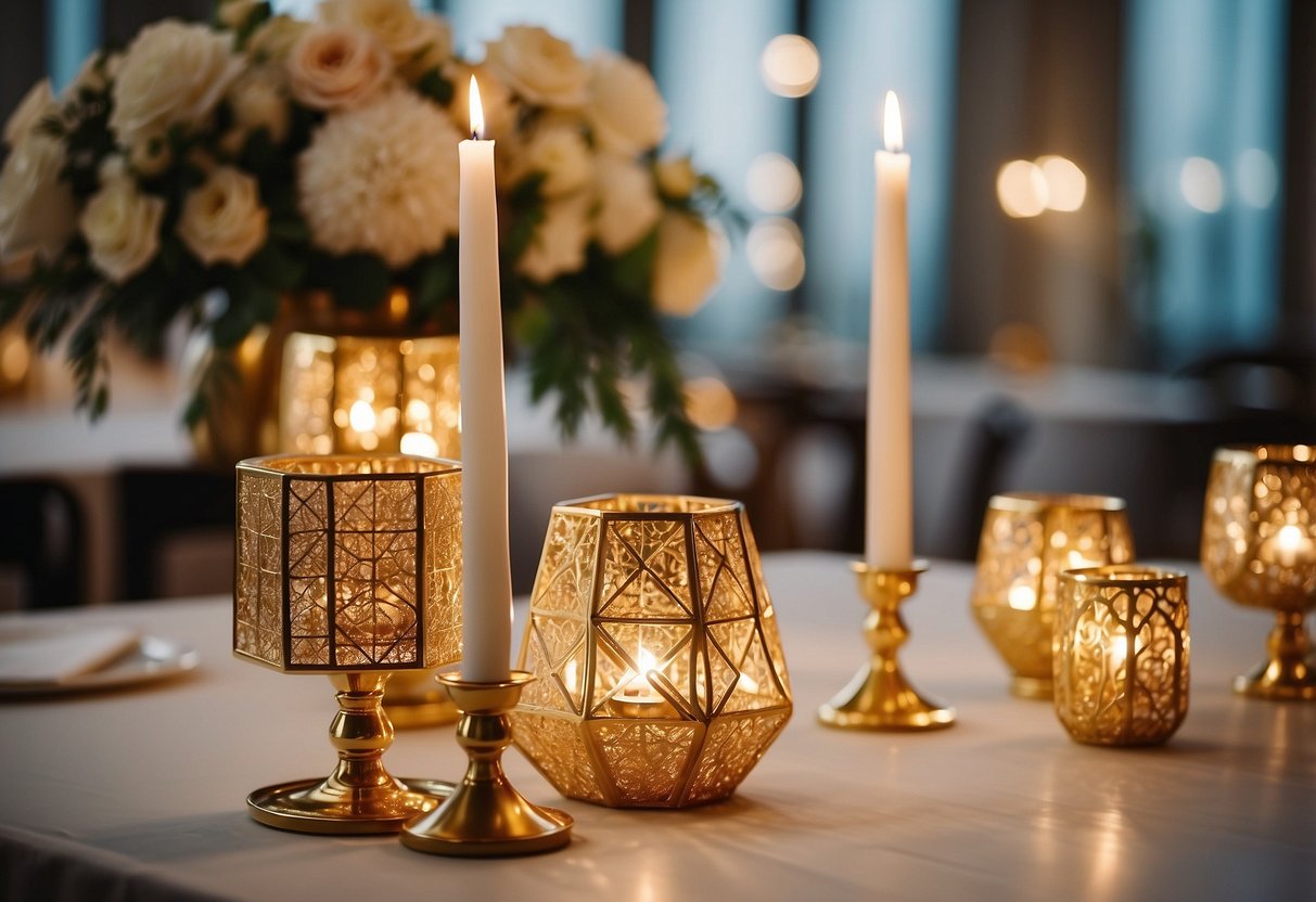 Gold geometric candle holders arranged on a table with floral centerpieces and soft lighting