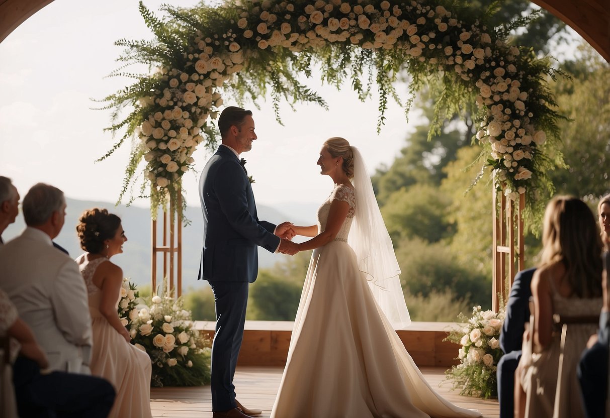 A couple stands under a custom-made arch, surrounded by personalized decor and symbolic elements, as they exchange vows in a meaningful second wedding ceremony