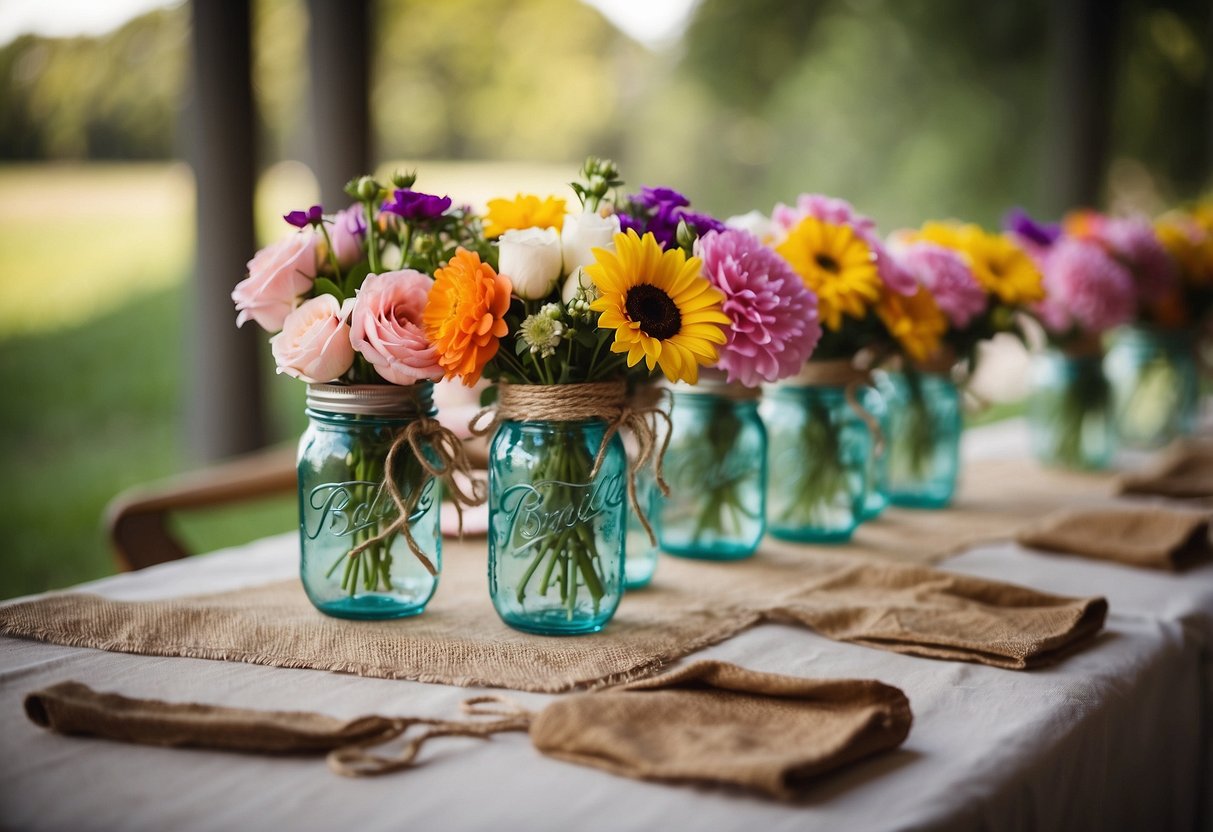 A table adorned with personalized mason jar favors, filled with colorful flowers and tied with rustic twine, creating a charming wedding shower decoration idea