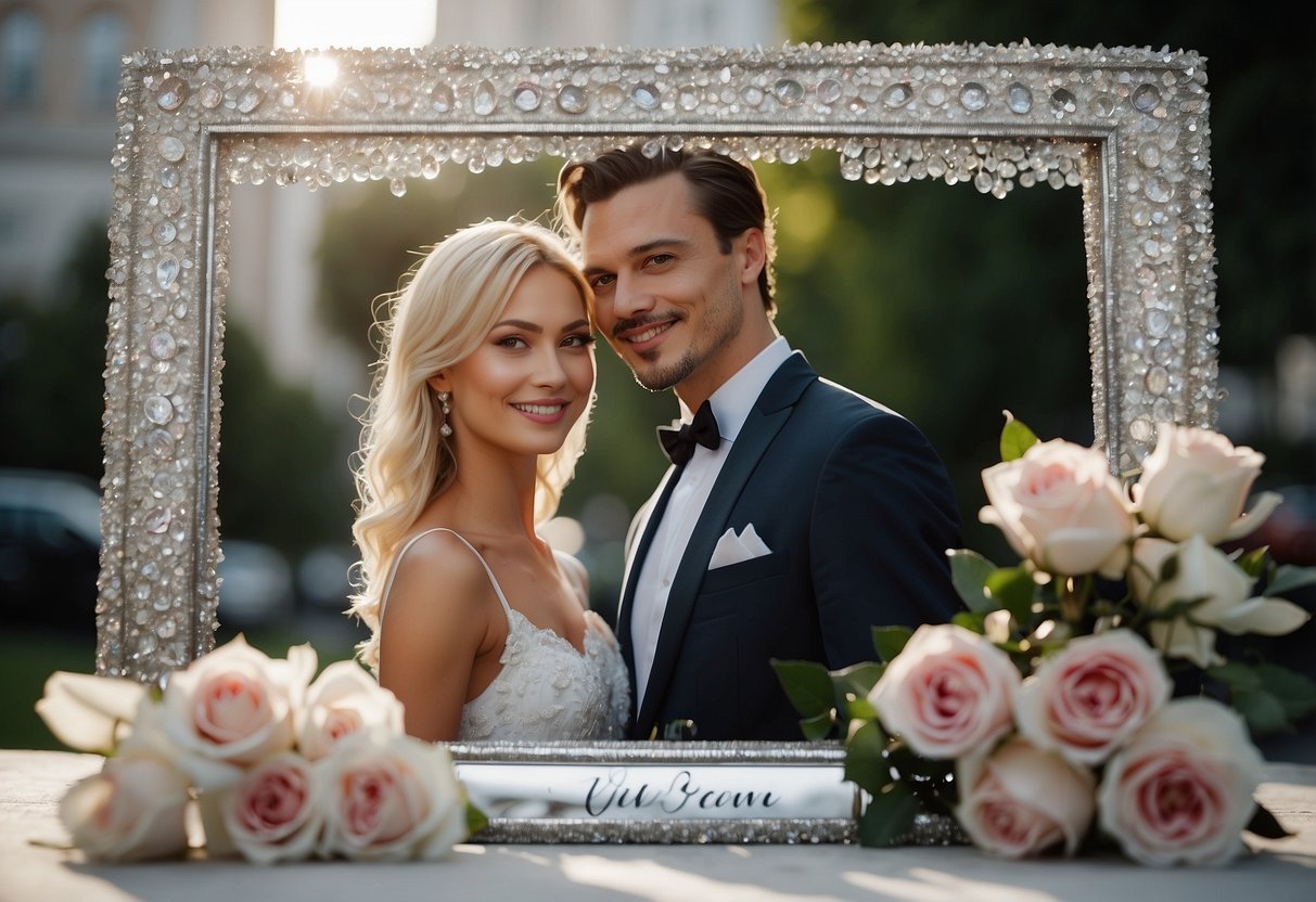 A couple's names engraved on a silver photo frame, surrounded by crystal figurines and a bouquet of roses