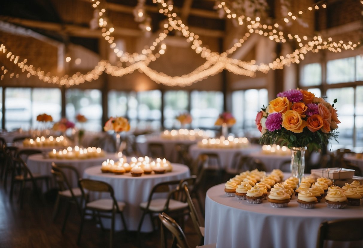 Colorful floral centerpieces on round tables, string lights hanging from the ceiling, a live band playing in the corner, and a dessert table filled with cupcakes and macarons