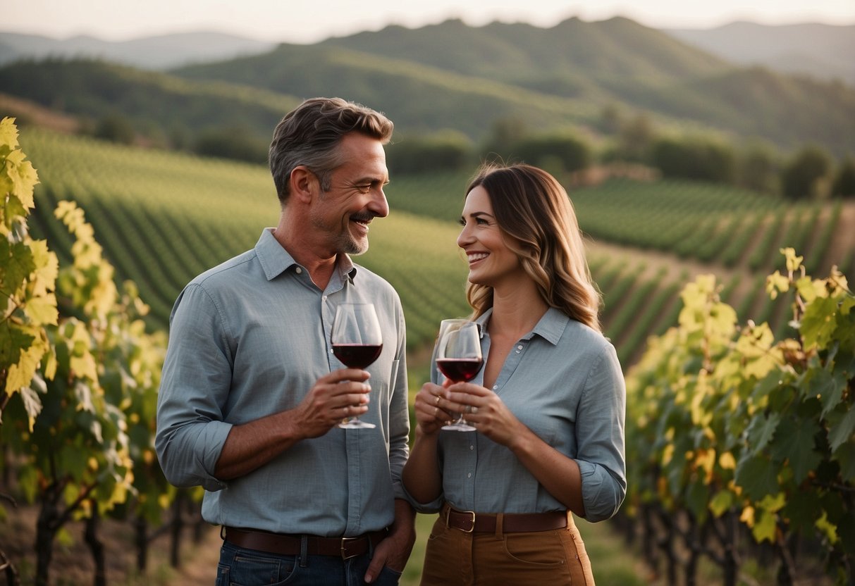 A couple stands at a vineyard, surrounded by rolling hills and grapevines. They hold glasses of wine, smiling as they enjoy a tasting experience for their 15th wedding anniversary