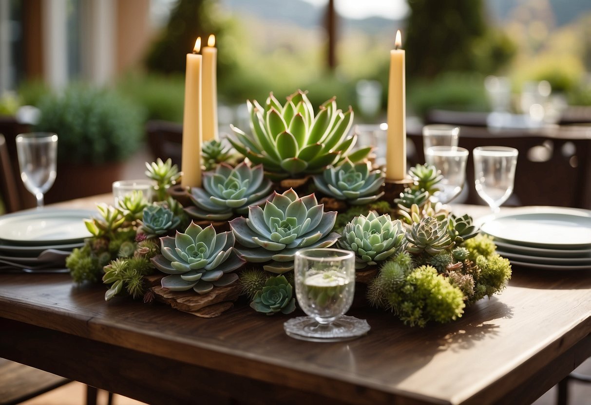 A table adorned with various succulent centerpieces, creating a natural and elegant atmosphere for a wedding shower celebration