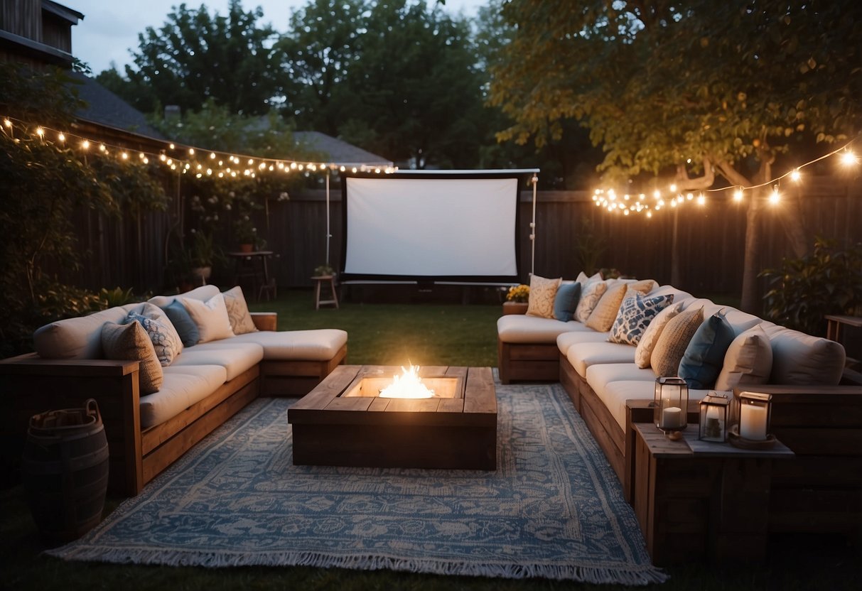 A cozy backyard with a large screen, string lights, blankets, and pillows. A projector is set up, casting a movie onto the screen. Snacks and drinks are arranged on a nearby table