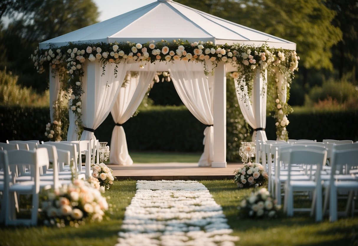 A beautiful backyard set up with a white gazebo, string lights, and floral decorations for a romantic wedding ceremony