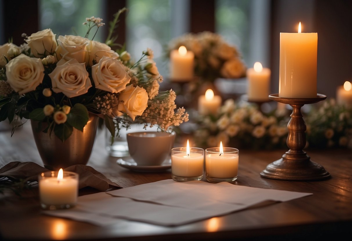 A table set with candles, flowers, and two sealed envelopes. A look of surprise on one's face as they open the letter