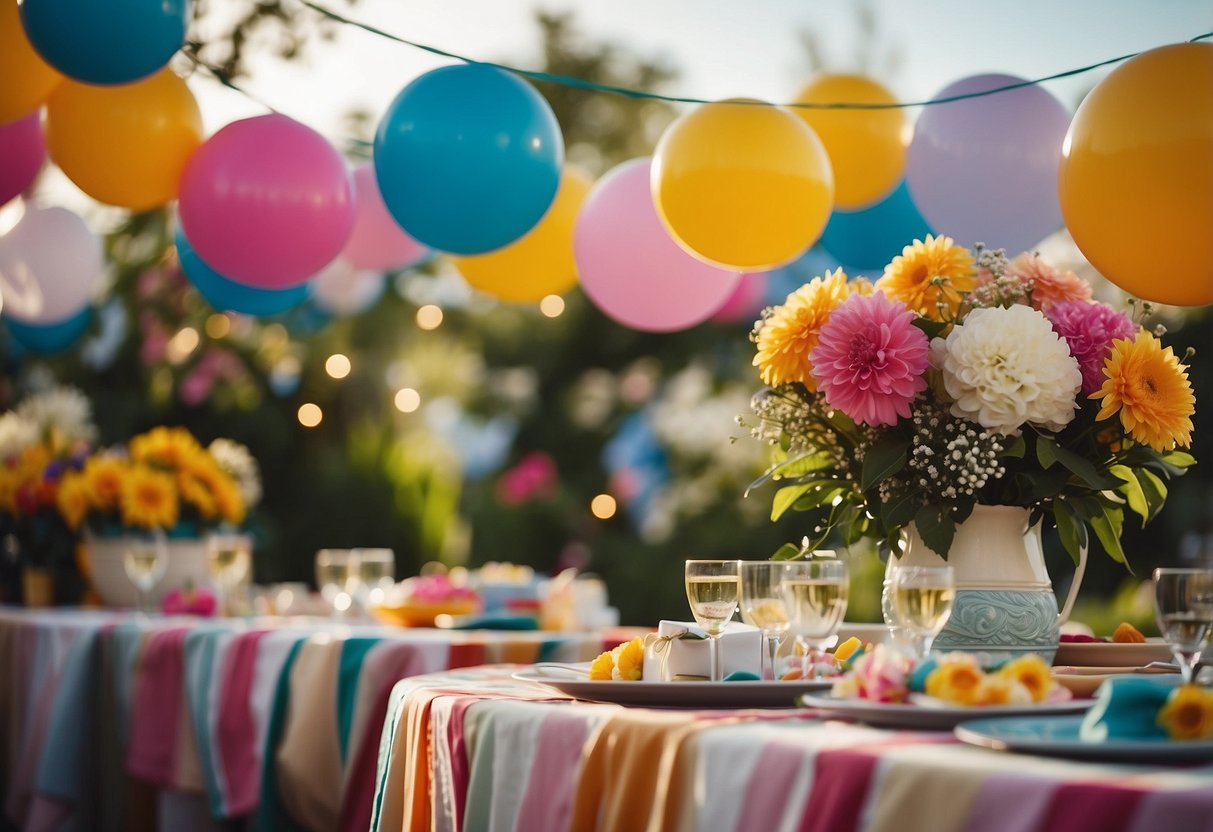 A colorful banner hangs above a table with flowers and gifts, surrounded by happy guests at a wedding shower