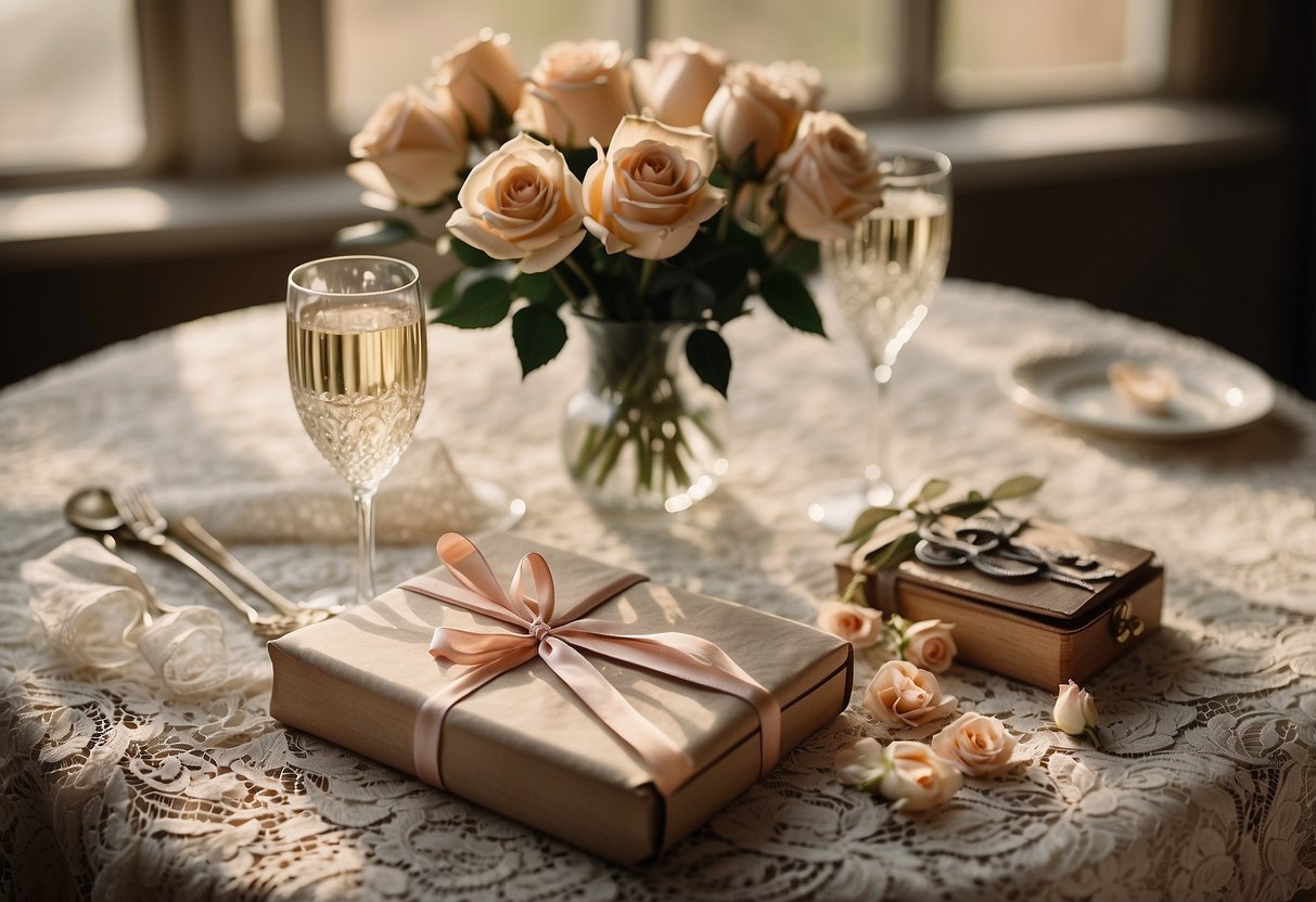 A table set with a vintage lace tablecloth, a bouquet of roses, and a stack of old love letters tied with a ribbon. A bottle of champagne and two crystal glasses complete the romantic anniversary scene