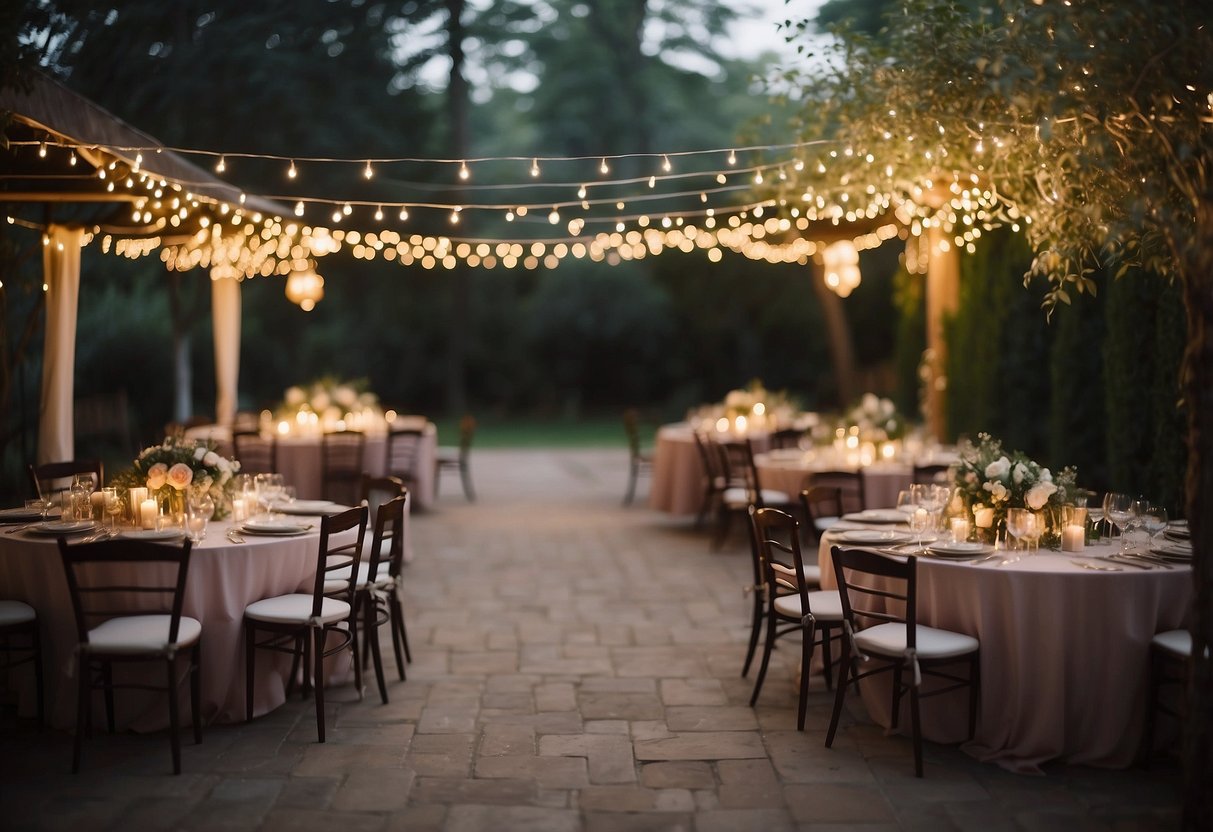 A backyard wedding with a canopy of fairy lights creating a magical and romantic ambiance