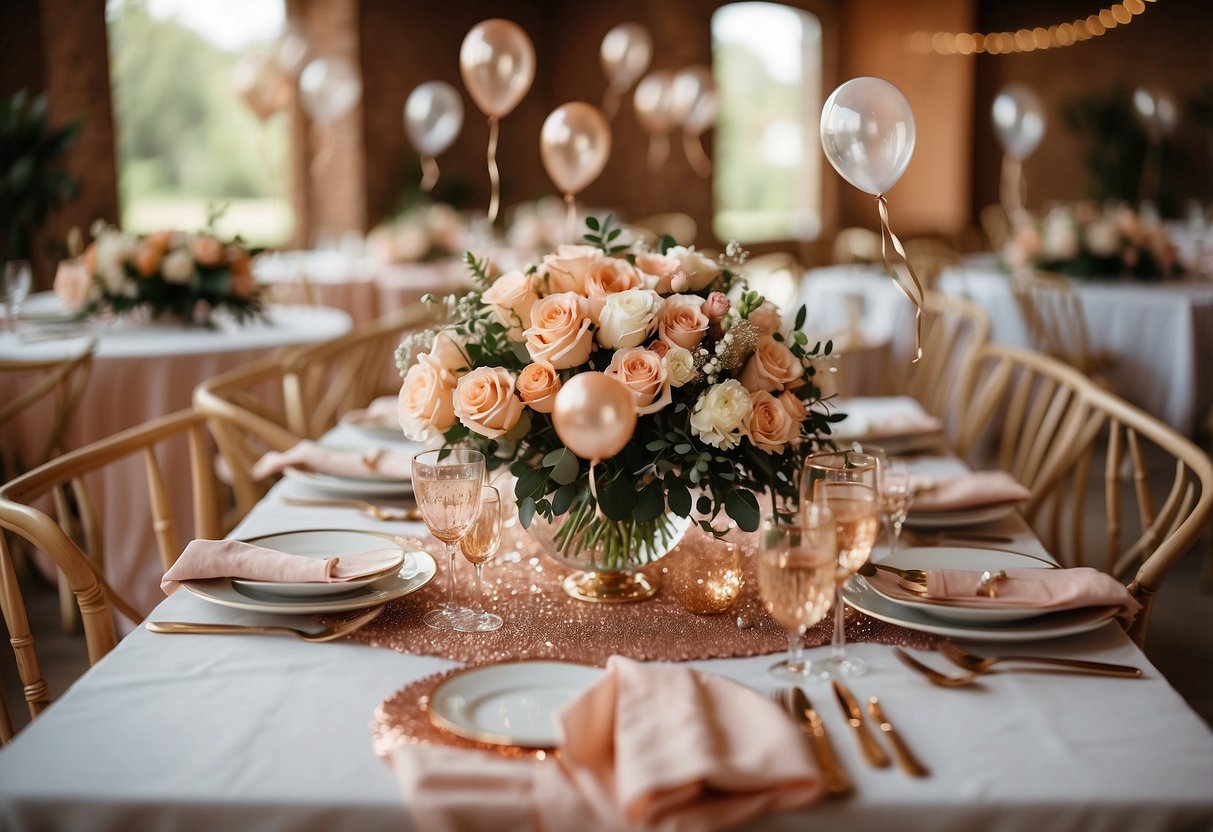 Rose Gold Confetti Balloons float above a table with elegant place settings and floral centerpieces at a wedding shower celebration