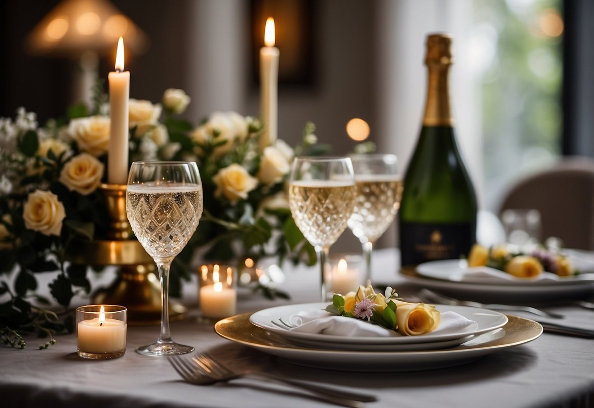 A beautifully set dining table with elegant tableware, candles, and fresh flowers. A bottle of champagne on ice, and a delicious multi-course meal prepared and ready to be served