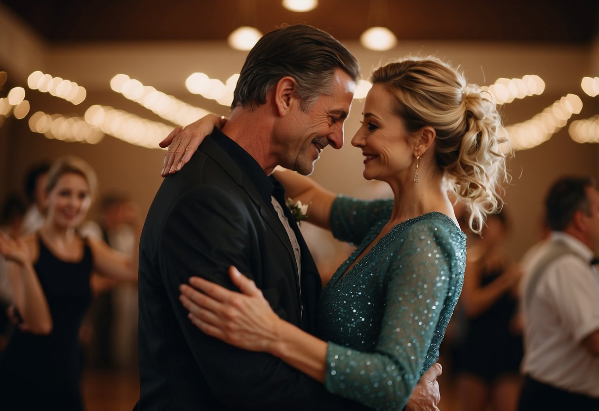 A couple gracefully glides across the dance floor, locked in an intimate embrace, as they take a dance lesson together for their 15th wedding anniversary