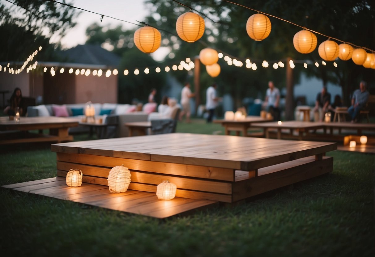 A wooden dance floor is set up in a backyard, surrounded by twinkling lights and colorful paper lanterns. The space is filled with laughter and music as guests dance under the open sky