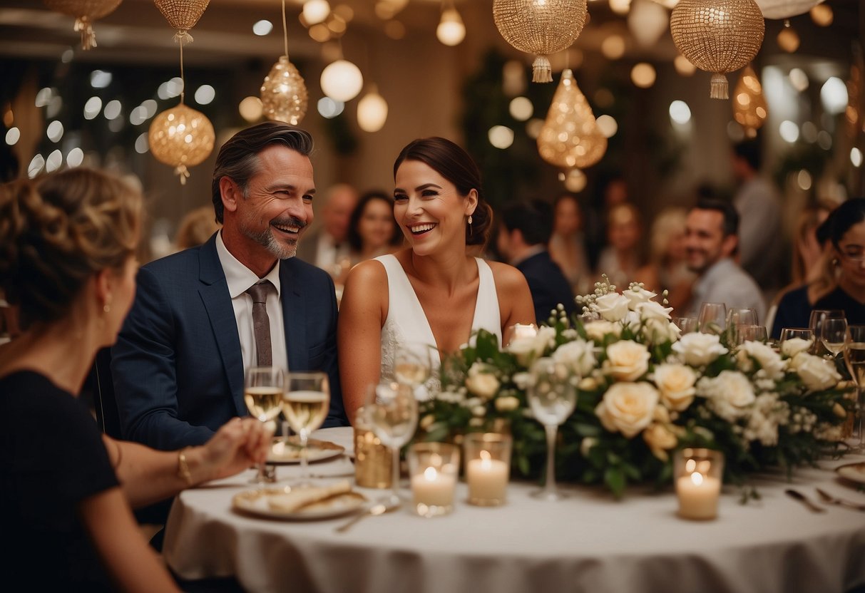 A couple sits at a table covered in elegant decorations and surrounded by friends and family. The room is filled with laughter and joy as they celebrate their 15th wedding anniversary