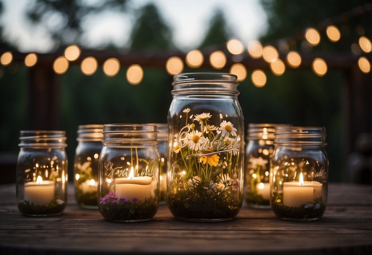 Mason jars filled with wildflowers and candles adorn rustic wooden tables at a backyard wedding. Fairy lights twinkle overhead, creating a romantic ambiance